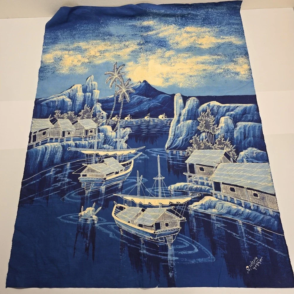 Vintage Indonesian Batik Fabric Art Signed S Wisnu Yogya Blue Coastal Scene